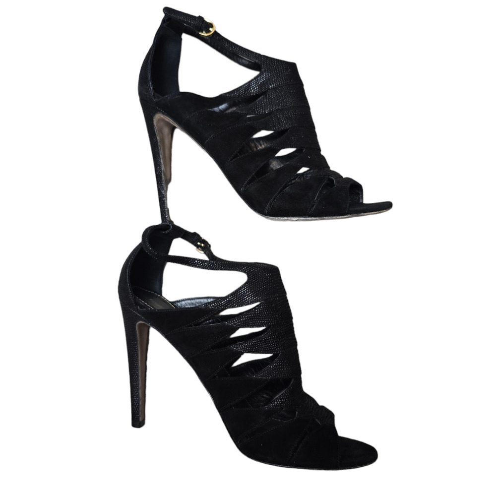 Sergio Rossi Caged Open Toe Sandal Bootie Heels Black Leather Designer 37 - Picture 3 of 9